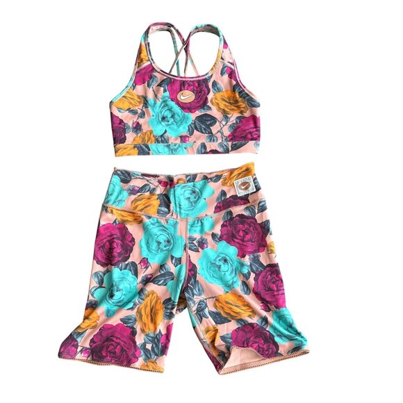 Nike Womens Floral Print Sports Bra & Shorts Set M Polyester & Spandex Multicolo - Picture 1 of 5